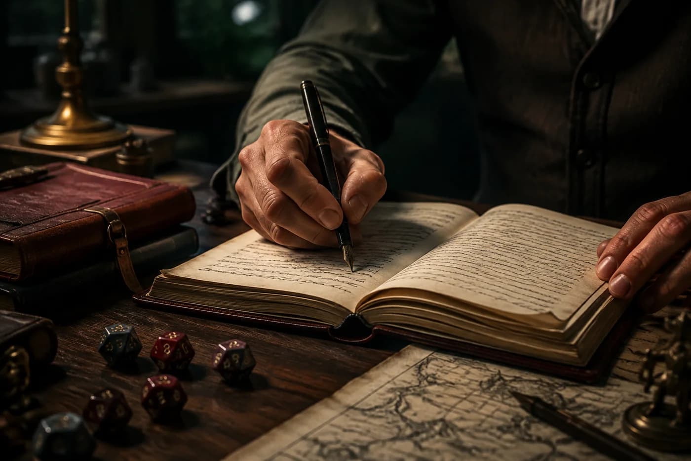 Manos escribiendo una historia junto a dados y mapas, imagen de ambientación