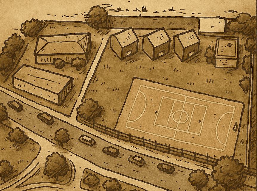 Plano ilustrado del recinto: sala grande en el edificio inferior izquierdo, módulo en el edificio central superior y exterior con patio y pista a la derecha.
